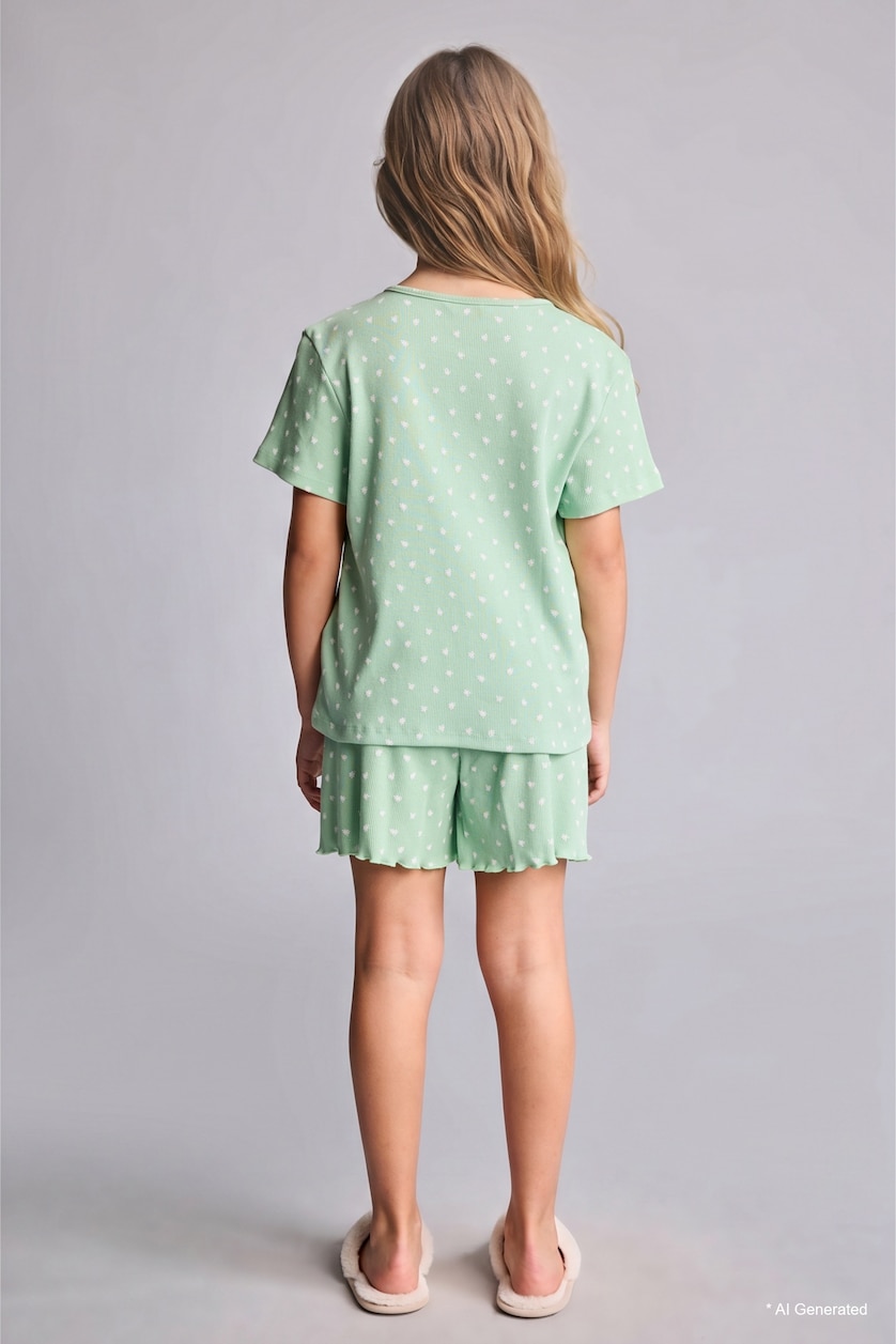 GIRLS & TEENS Mint Girl Regular Fit Polka Dot Ribbed 2 Piece Pajama Set