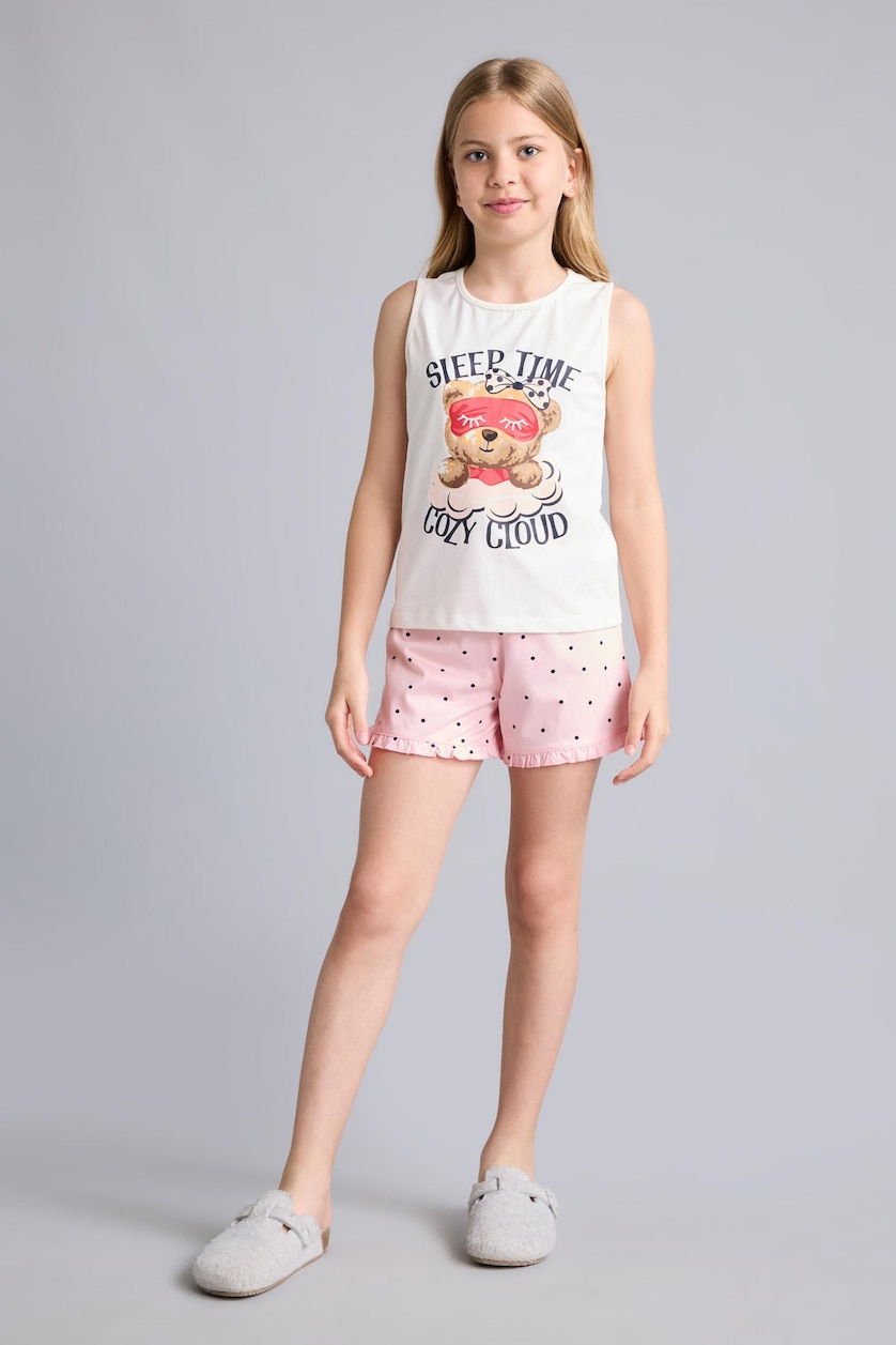 بنات بيج فاتح 100% Cotton Teddy Bear Regular Fit 2 Piece Pajama Set