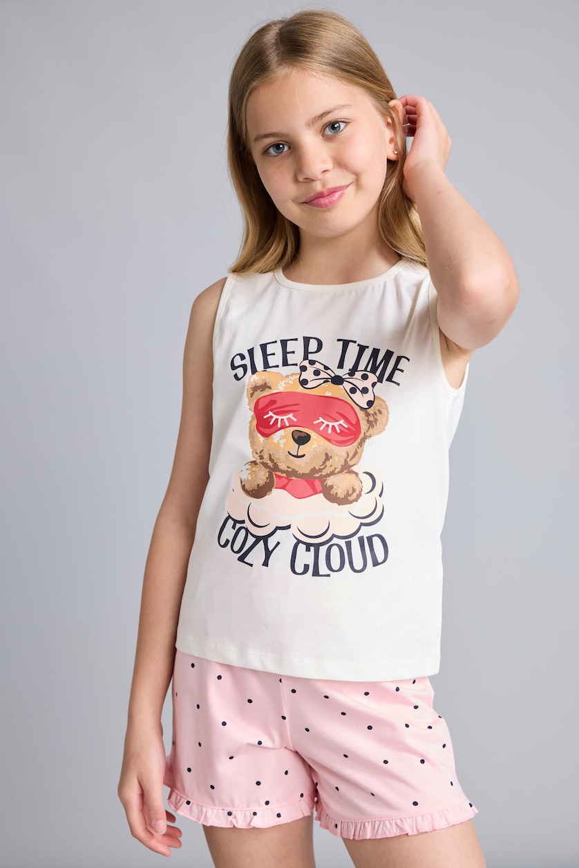 بنات بيج فاتح 100% Cotton Teddy Bear Regular Fit 2 Piece Pajama Set