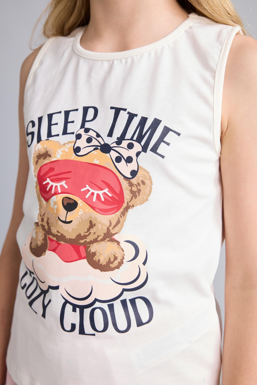 بنات بيج فاتح 100% Cotton Teddy Bear Regular Fit 2 Piece Pajama Set