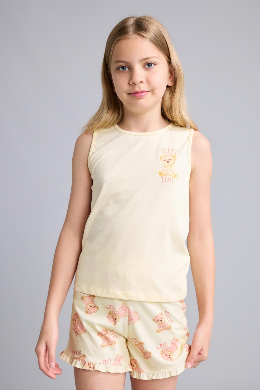 بنات أصفر فاتح Girl 100% Cotton Teddy Bear 2 Piece Pajama Set