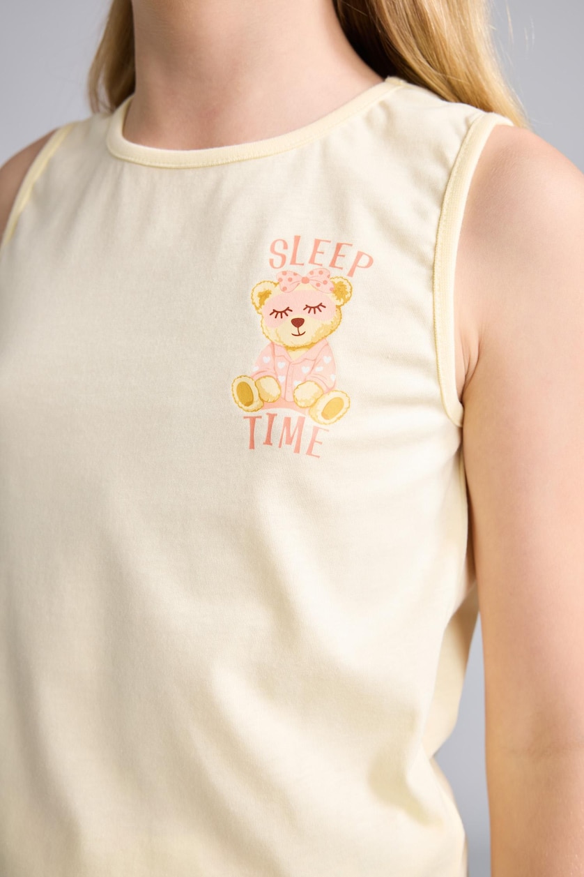 بنات أصفر فاتح Girl 100% Cotton Teddy Bear 2 Piece Pajama Set