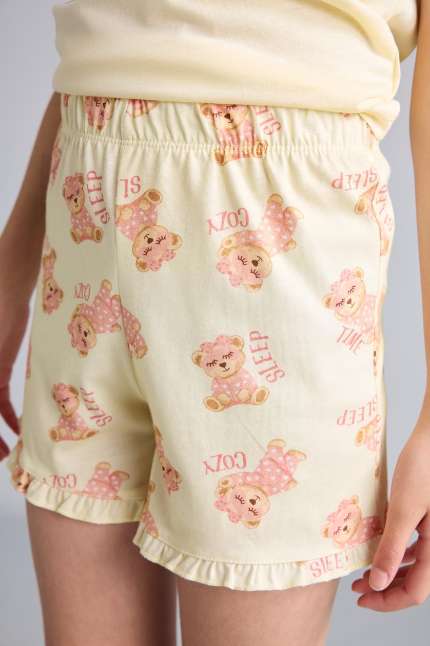 بنات أصفر فاتح Girl 100% Cotton Teddy Bear 2 Piece Pajama Set