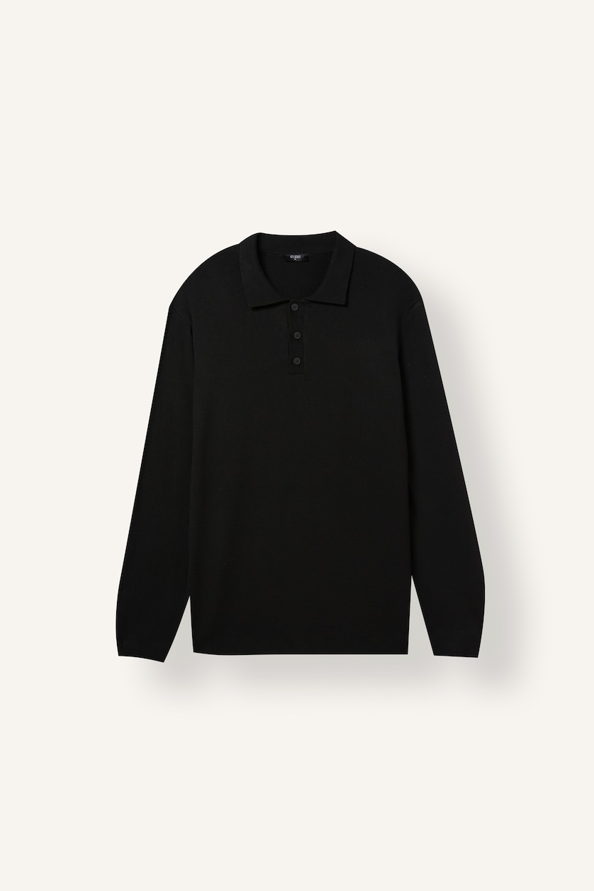 Erkek Siyah Standart Fit Polo Yaka Basic Kazak