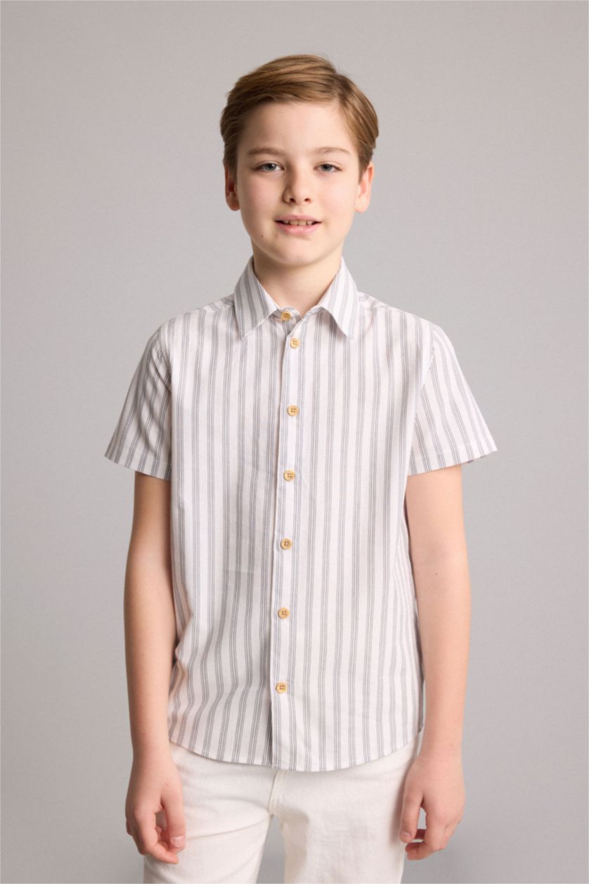 Young Boys - Teen Boys Beige Regular Fit Striped Short Sleeve Shirt