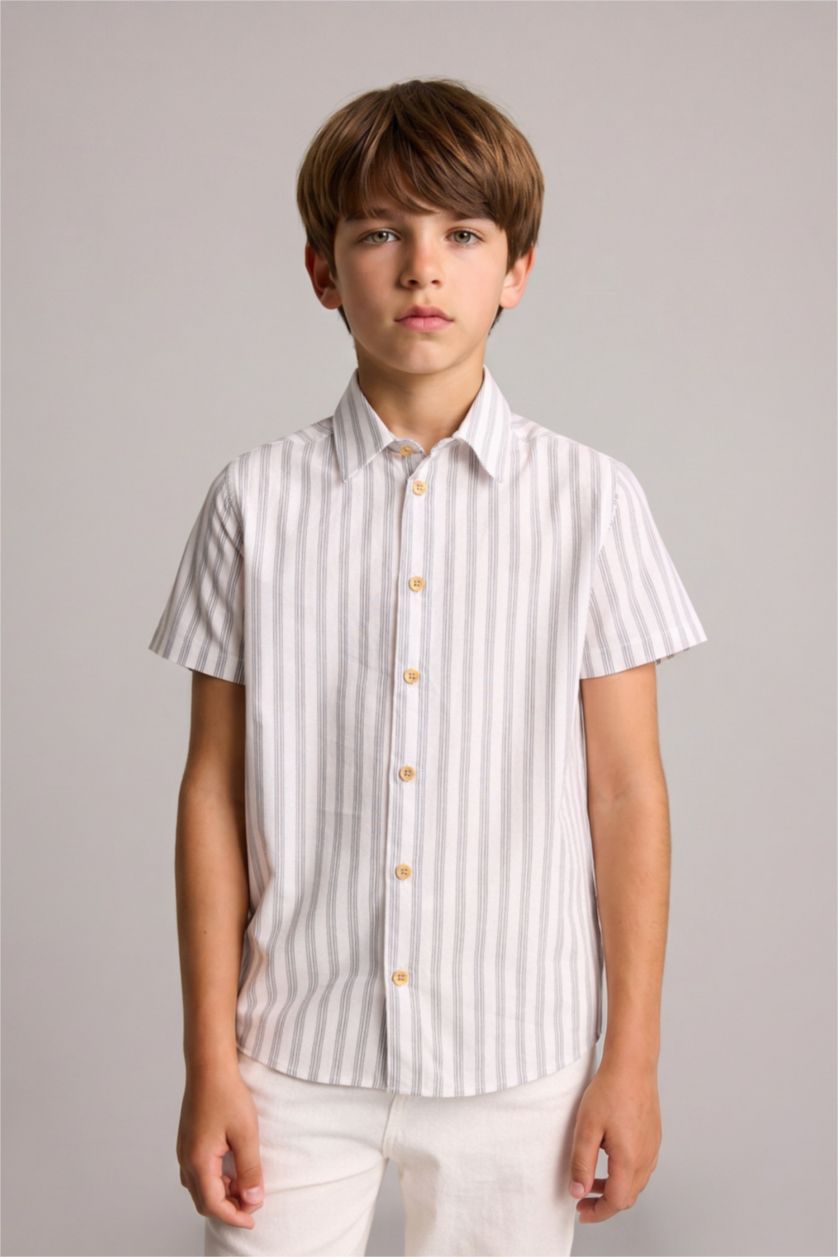 Young Boys - Teen Boys Beige Boy Regular Fit Striped Short Sleeve Shirt
