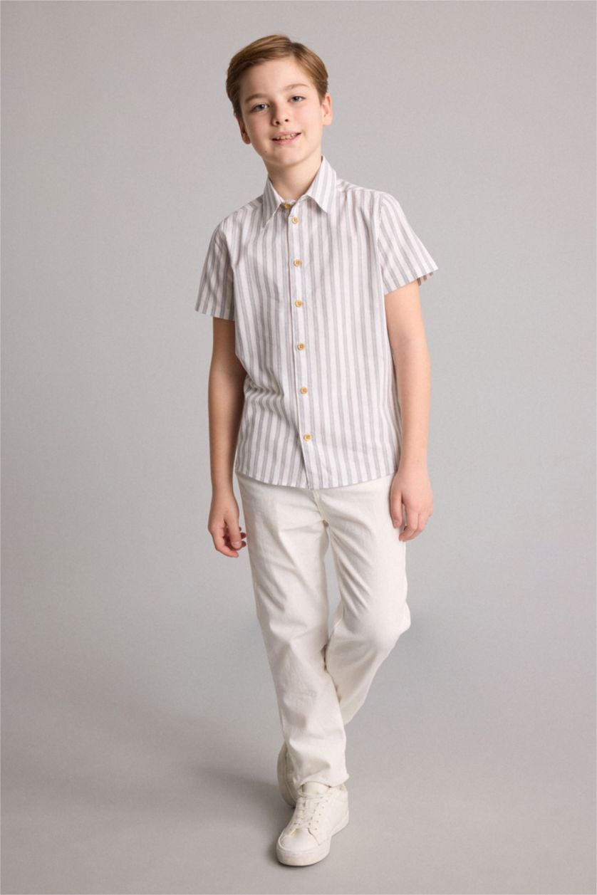Young Boys - Teen Boys Beige Regular Fit Striped Short Sleeve Shirt