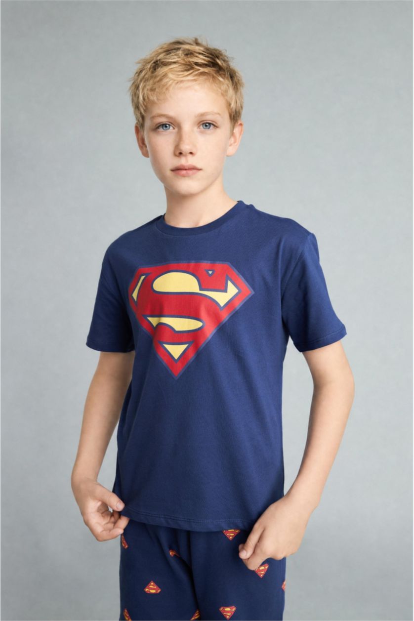 Erkek Çocuk - Genç Erkek Lacivert Superman Lisanslı Regular Fit 2'Li Pijama Takımı Erkek Çocuk
