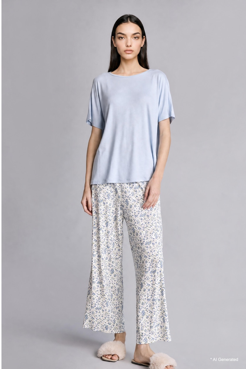Women Light Blue Regular Fit Short-Sleeve 2 Piece Set