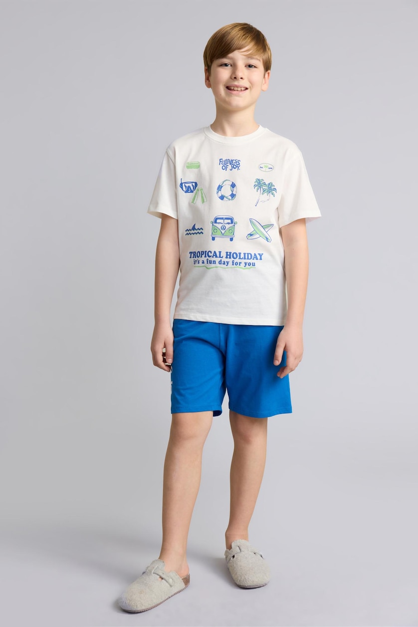 BOYS & TEENS Ecru Boy 100% Cotton Printed Top Shorts 2 Piece Pyjama Set