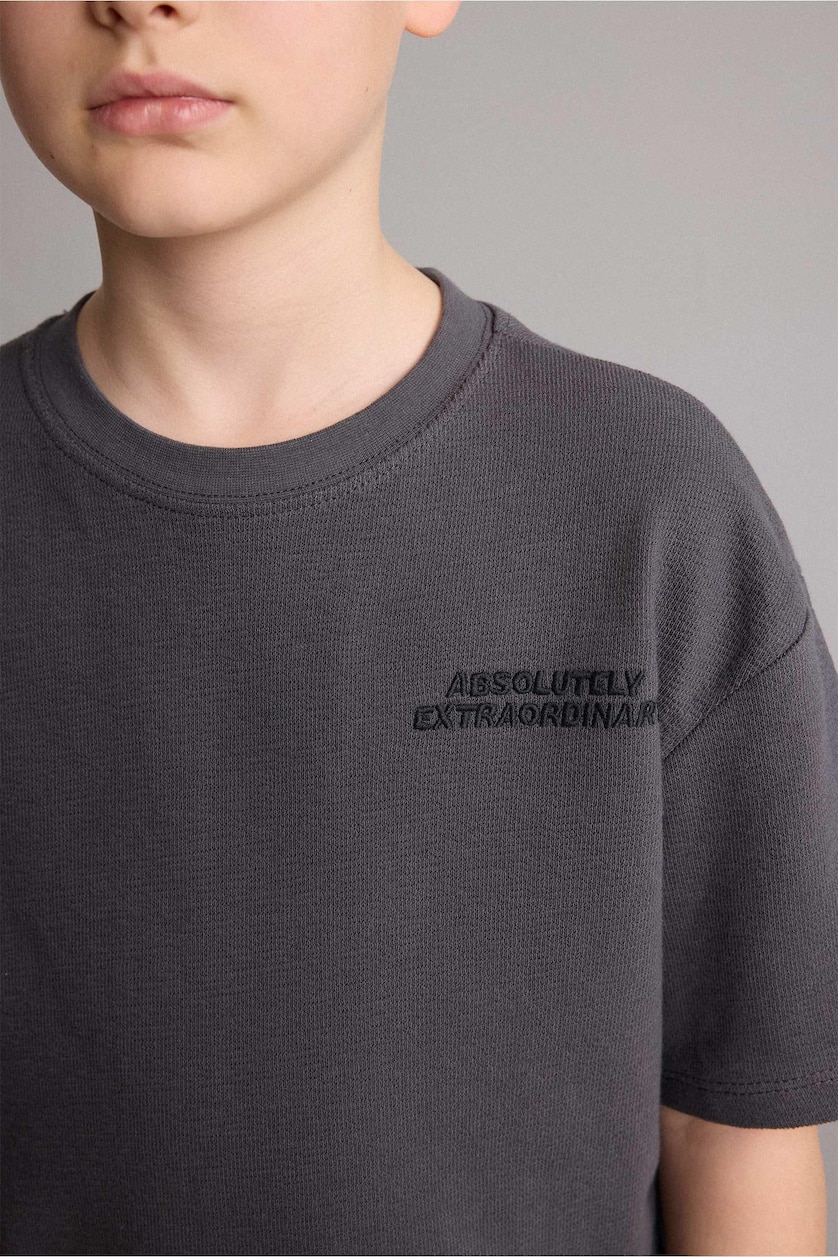 Erkek Çocuk - Genç Erkek Antrasit %100 Pamuk Oversize Baskılı Tişört Erkek Çocuk