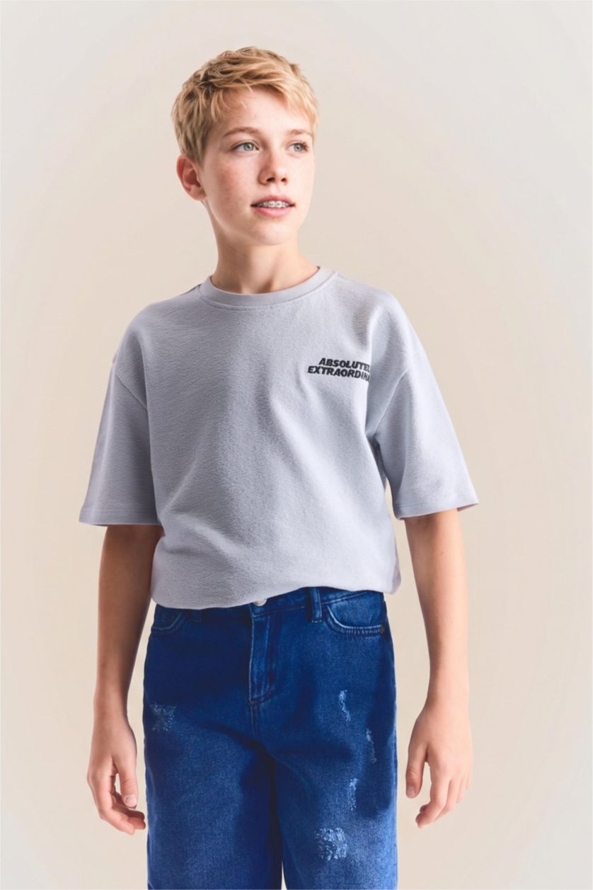Erkek Çocuk - Genç Erkek Açık Gri Oversize Baskılı Tişört Erkek Çocuk
