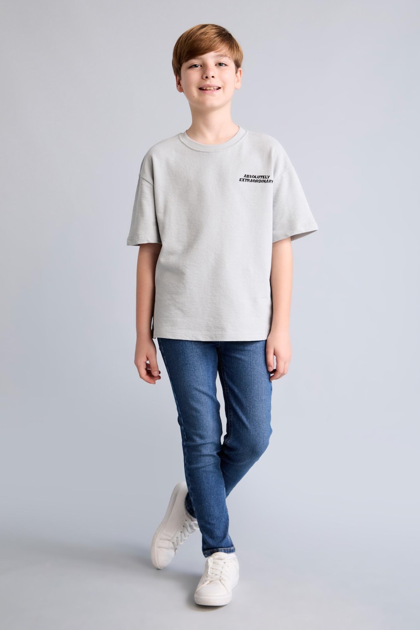 Young Boys - Teen Boys Light Grey Boy Oversize Crew Neck Printed Grey T-Shirt