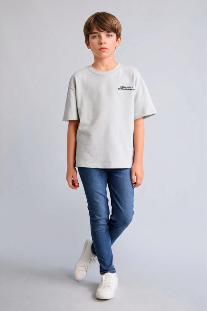 أولاد رمادي فاتح Boy Oversize Crew Neck Printed Grey T-Shirt