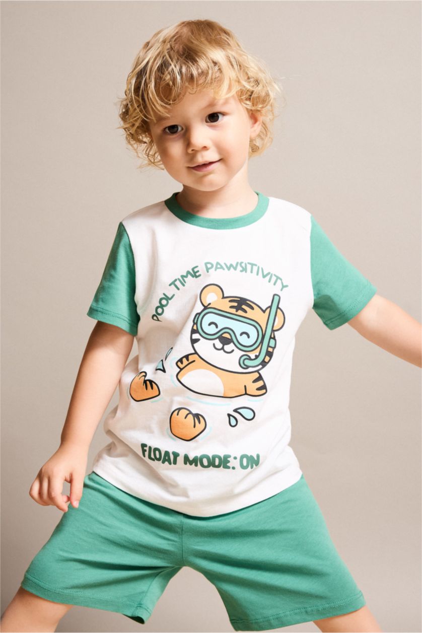 Erkek Bebek Ekru %100 Pamuk Desenli 2'li Pijama Takımı Erkek Bebek