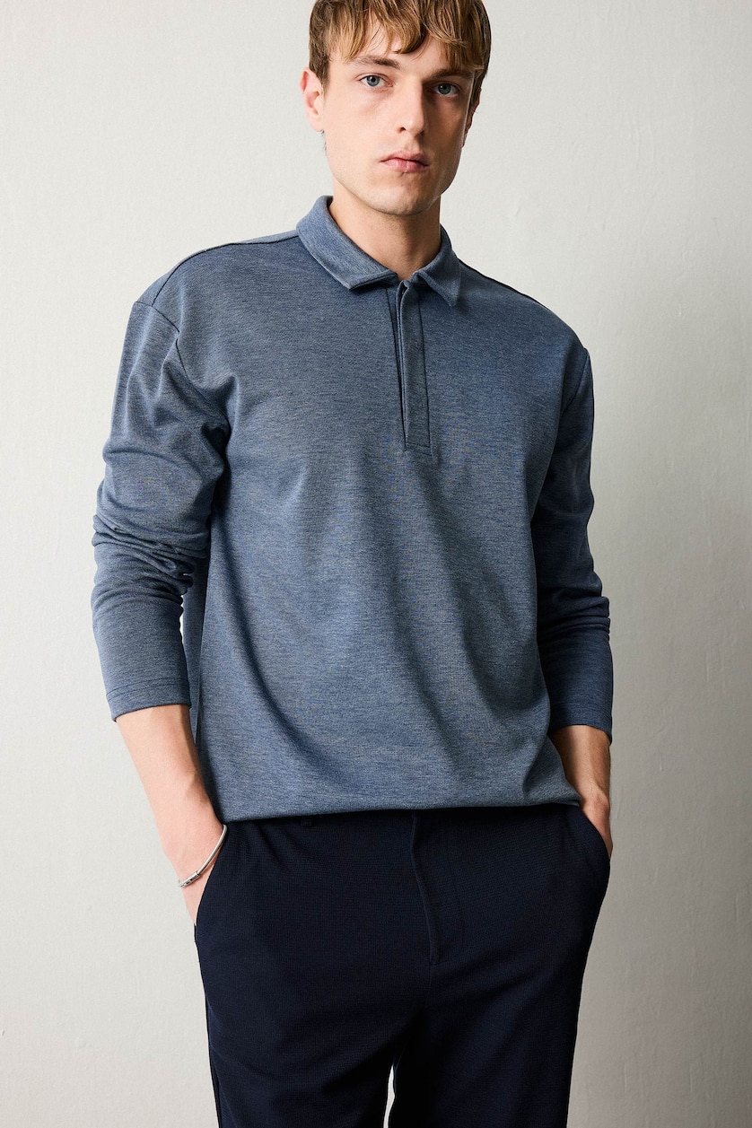 Men NAVY Polo Collar Long Sleeve Sweatshirt