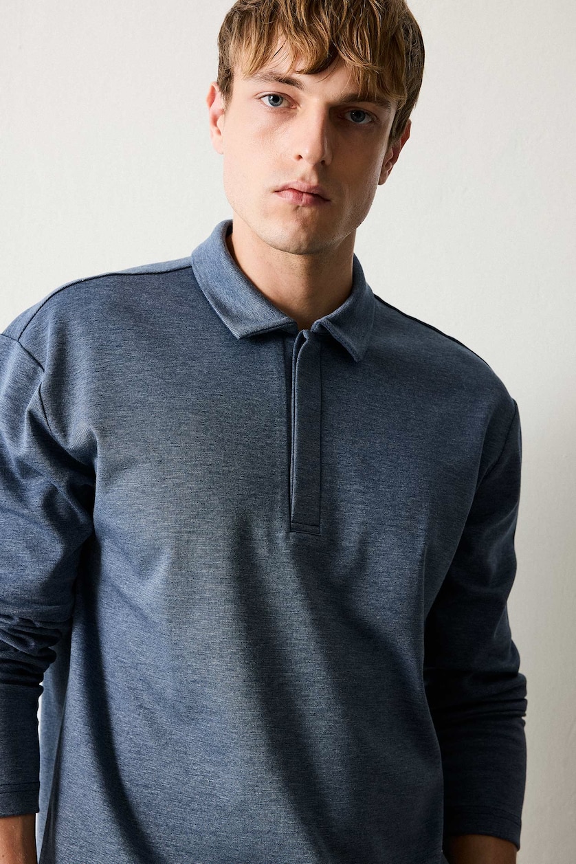 Men NAVY Polo Collar Long Sleeve Sweatshirt