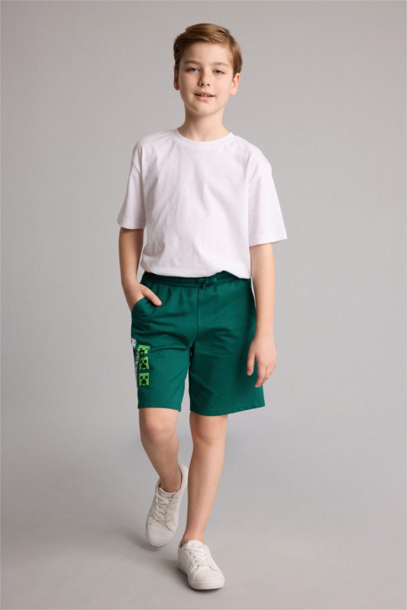 Young Boys - Teen Boys Green Regular Fit Minecraft Licensed Elastic Band Shorts
