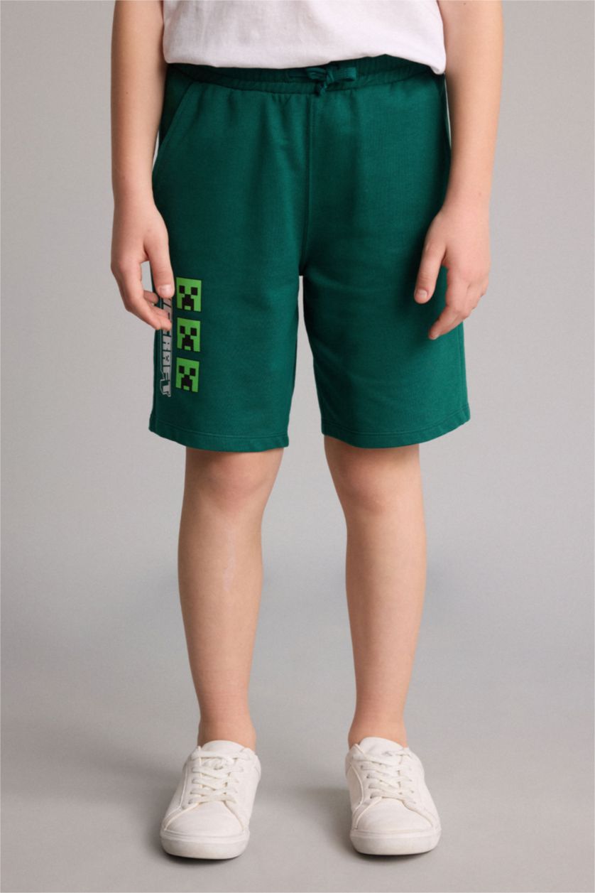 Young Boys - Teen Boys Green Regular Fit Minecraft Licensed Elastic Band Shorts