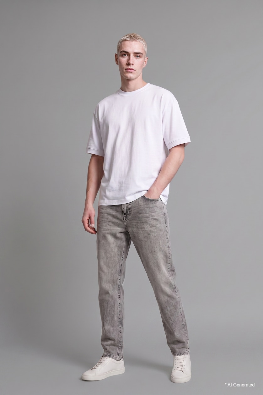 Erkek Açık Gri %100 Pamuk Straight Fit Jean Pantolon