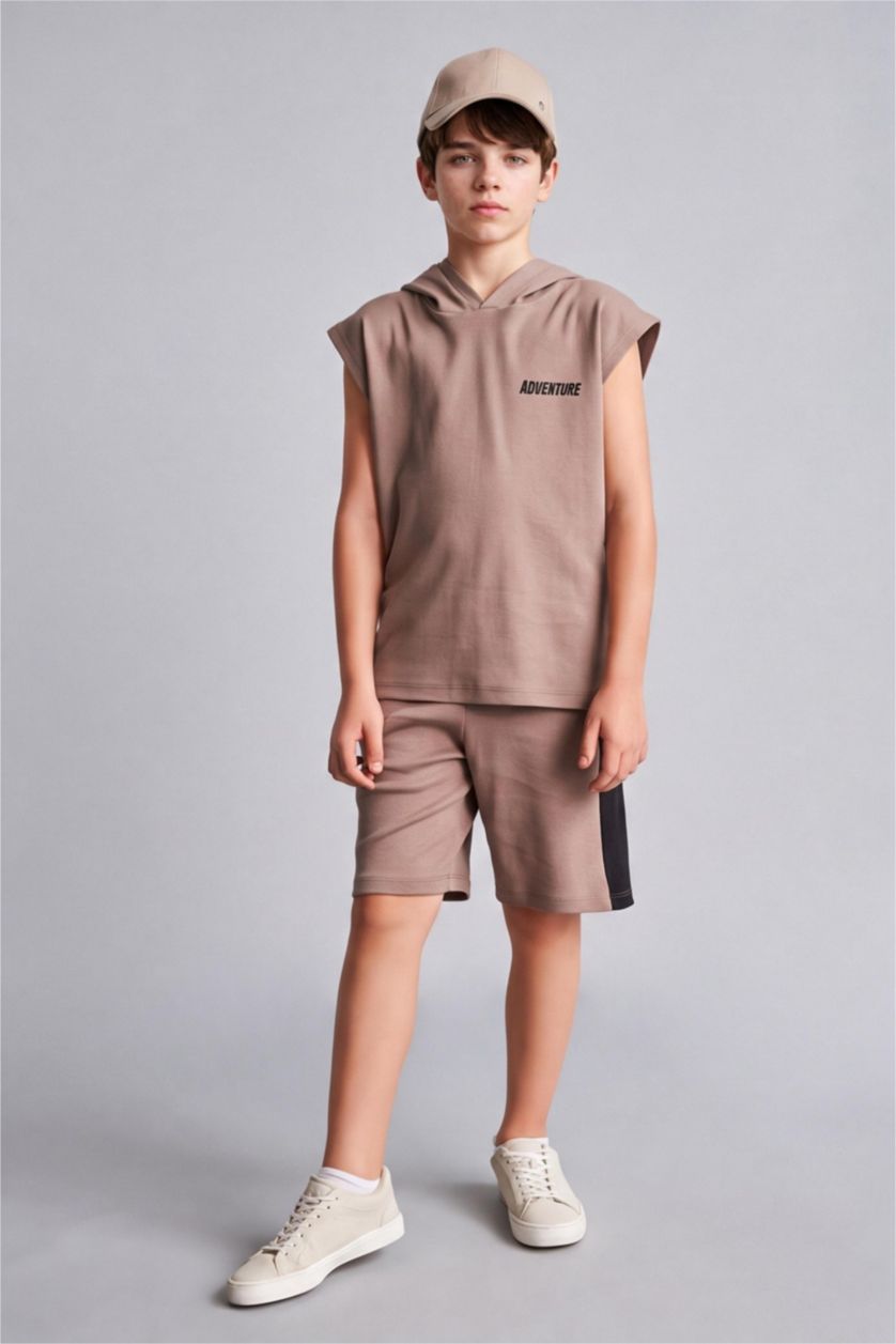 BOYS & TEENS Light Brown Boy Hooded Printed Tank Top Shorts 2 Piece Set