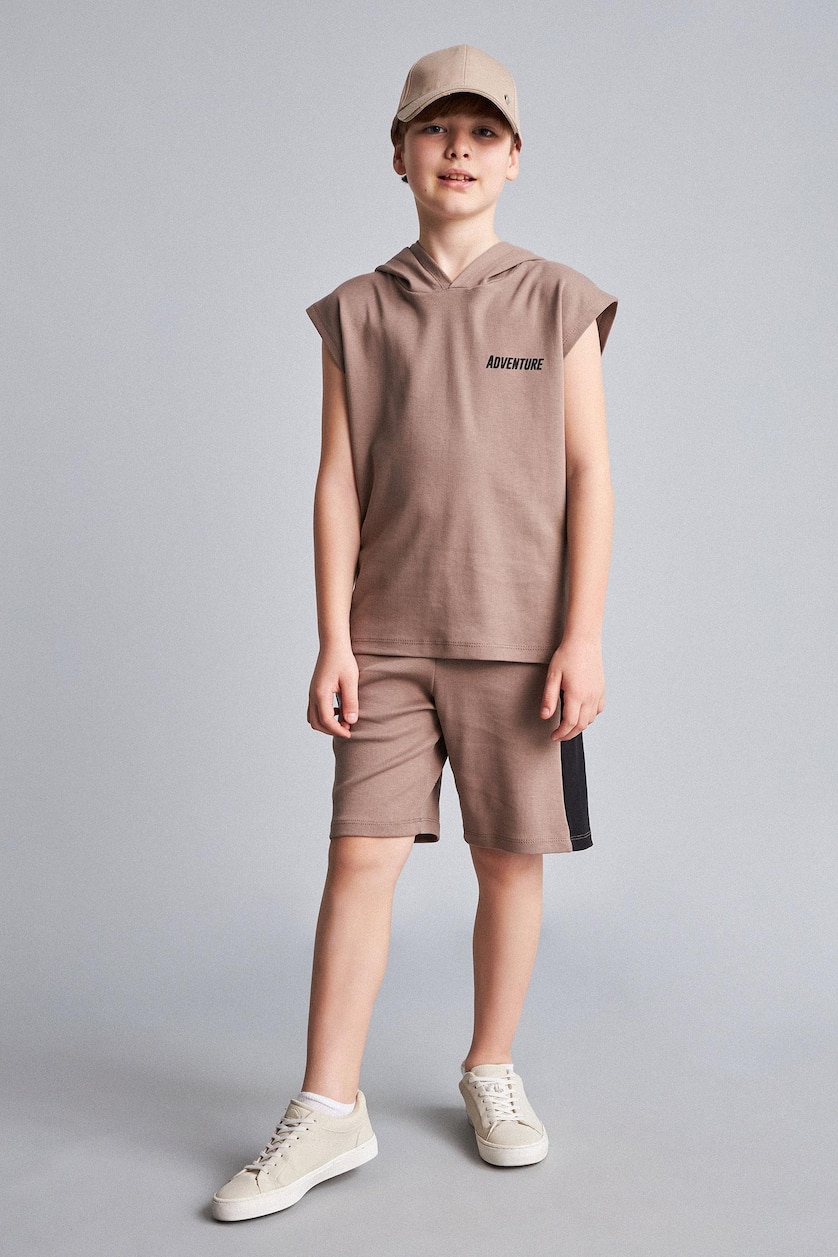 BOYS & TEENS Light Brown Boy Hooded Printed Tank Top Shorts 2 Piece Set