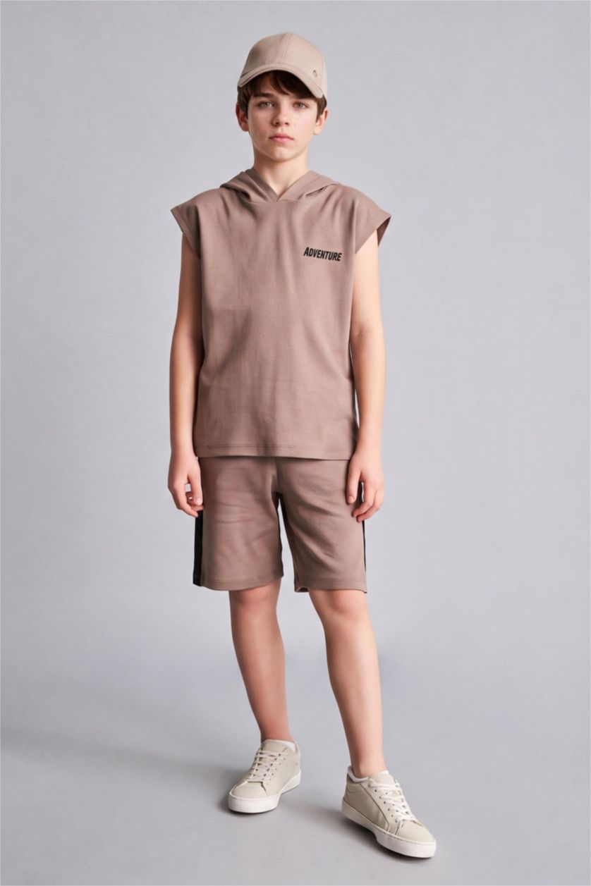 BOYS & TEENS Light Brown Boy Hooded Printed Tank Top Shorts 2 Piece Set