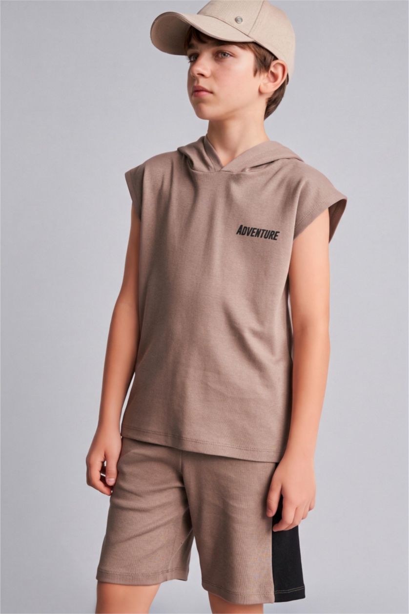 BOYS & TEENS Light Brown Boy Hooded Printed Tank Top Shorts 2 Piece Set