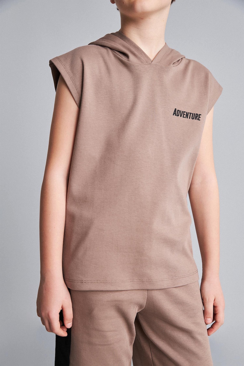 BOYS & TEENS Light Brown Boy Hooded Printed Tank Top Shorts 2 Piece Set