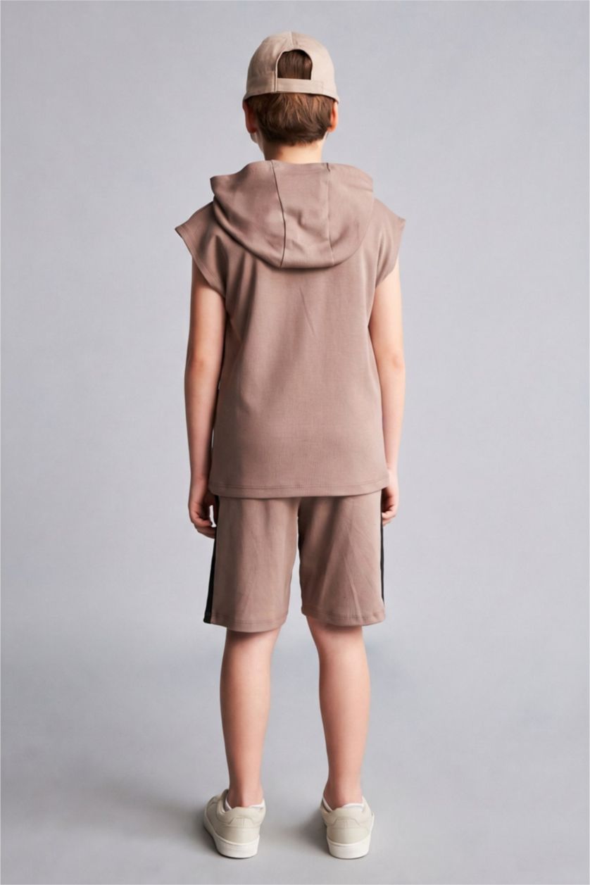 BOYS & TEENS Light Brown Boy Hooded Printed Tank Top Shorts 2 Piece Set
