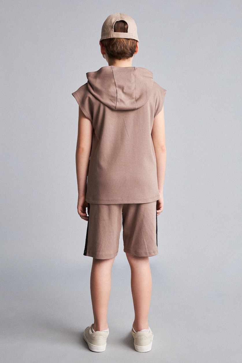BOYS & TEENS Light Brown Boy Hooded Printed Tank Top Shorts 2 Piece Set