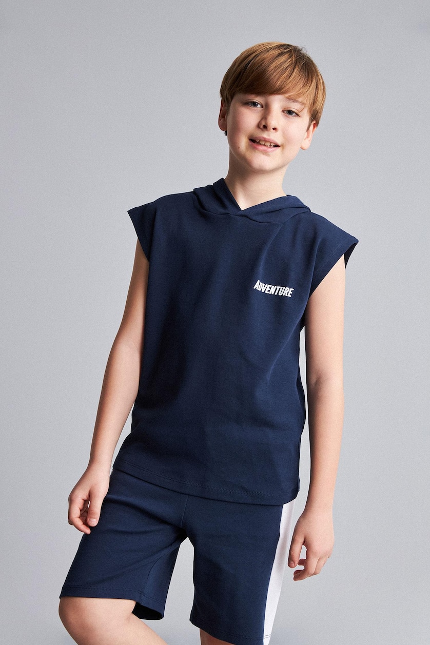 Young Boys - Teen Boys NAVY Boy Hooded Printed Tank Top Shorts 2 Piece Set