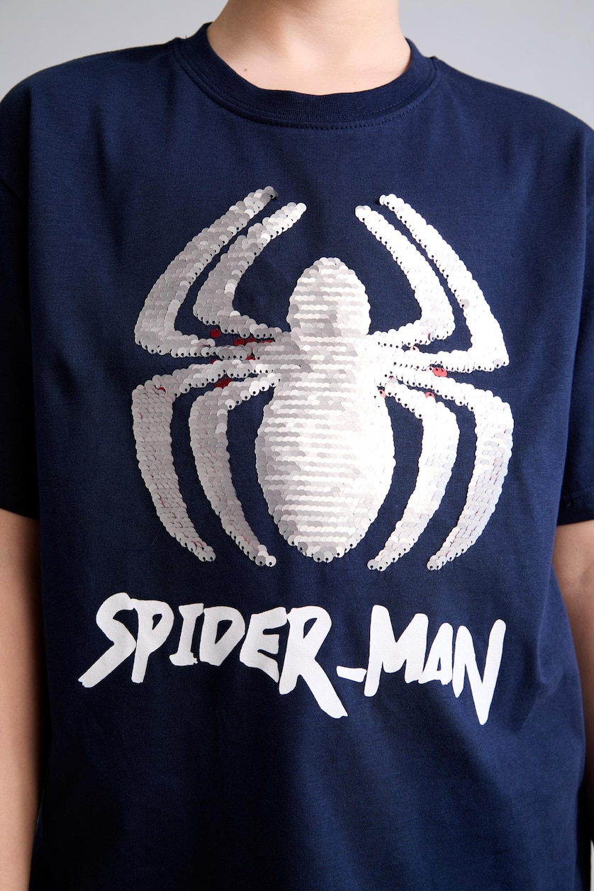 Erkek Çocuk - Genç Erkek Lacivert %100 Pamuk Çift Yönlü Payetli Marvel Spıderman Tişört Erkek Çocuk