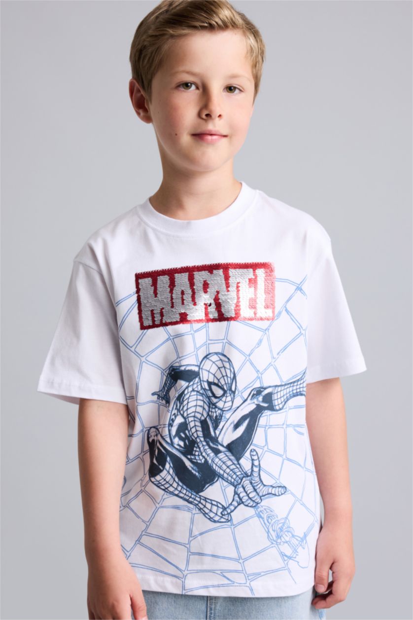 BOYS & TEENS White Boy Marvel New Regular Fit Crew Neck Sequin T-Shirt