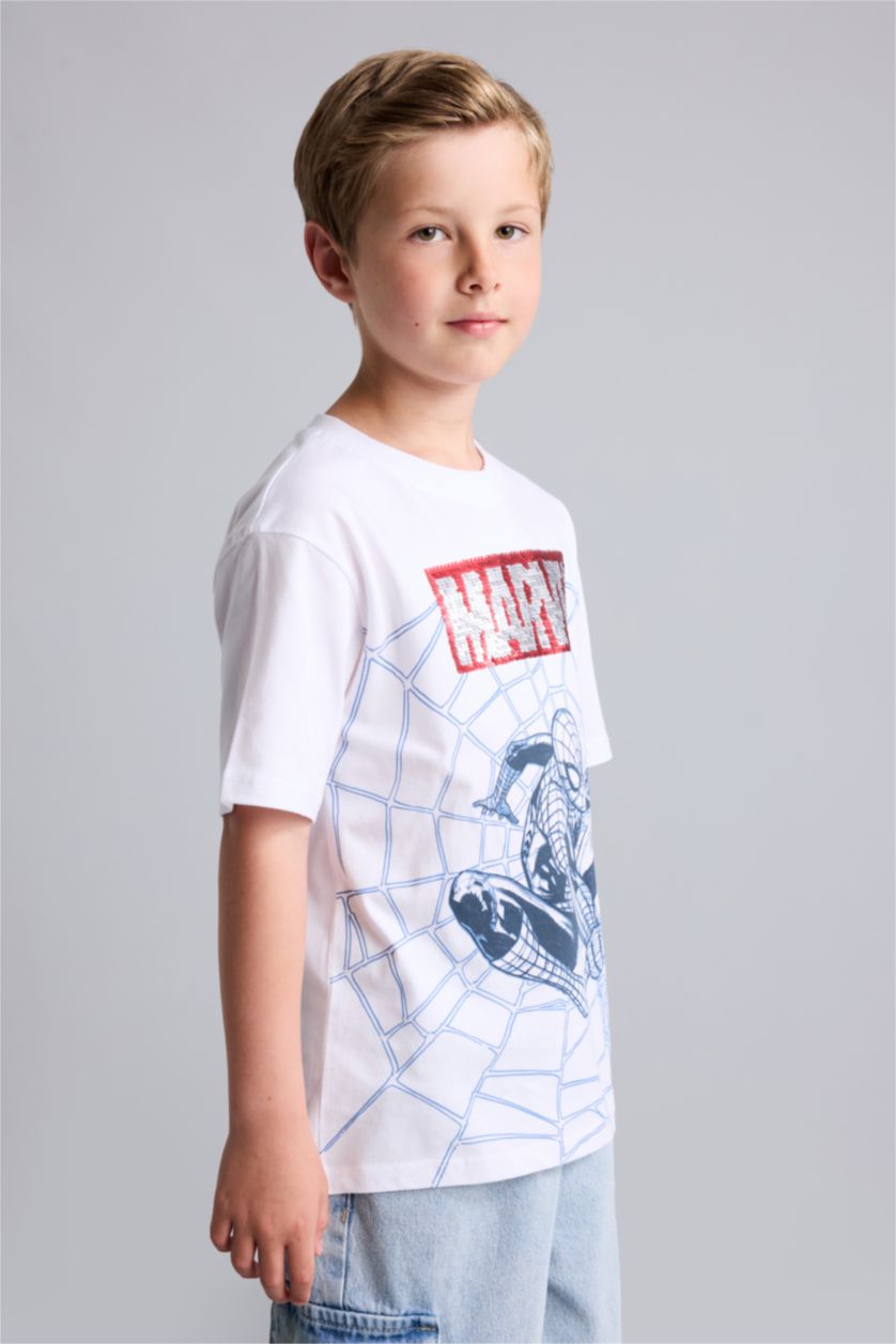 BOYS & TEENS White Boy Marvel New Regular Fit Crew Neck Sequin T-Shirt