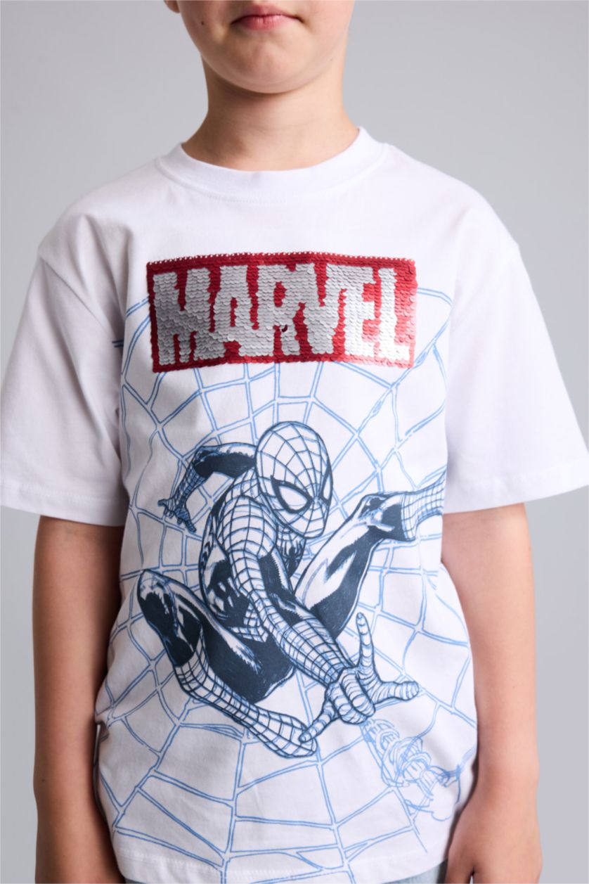 BOYS & TEENS White Boy Marvel New Regular Fit Crew Neck Sequin T-Shirt