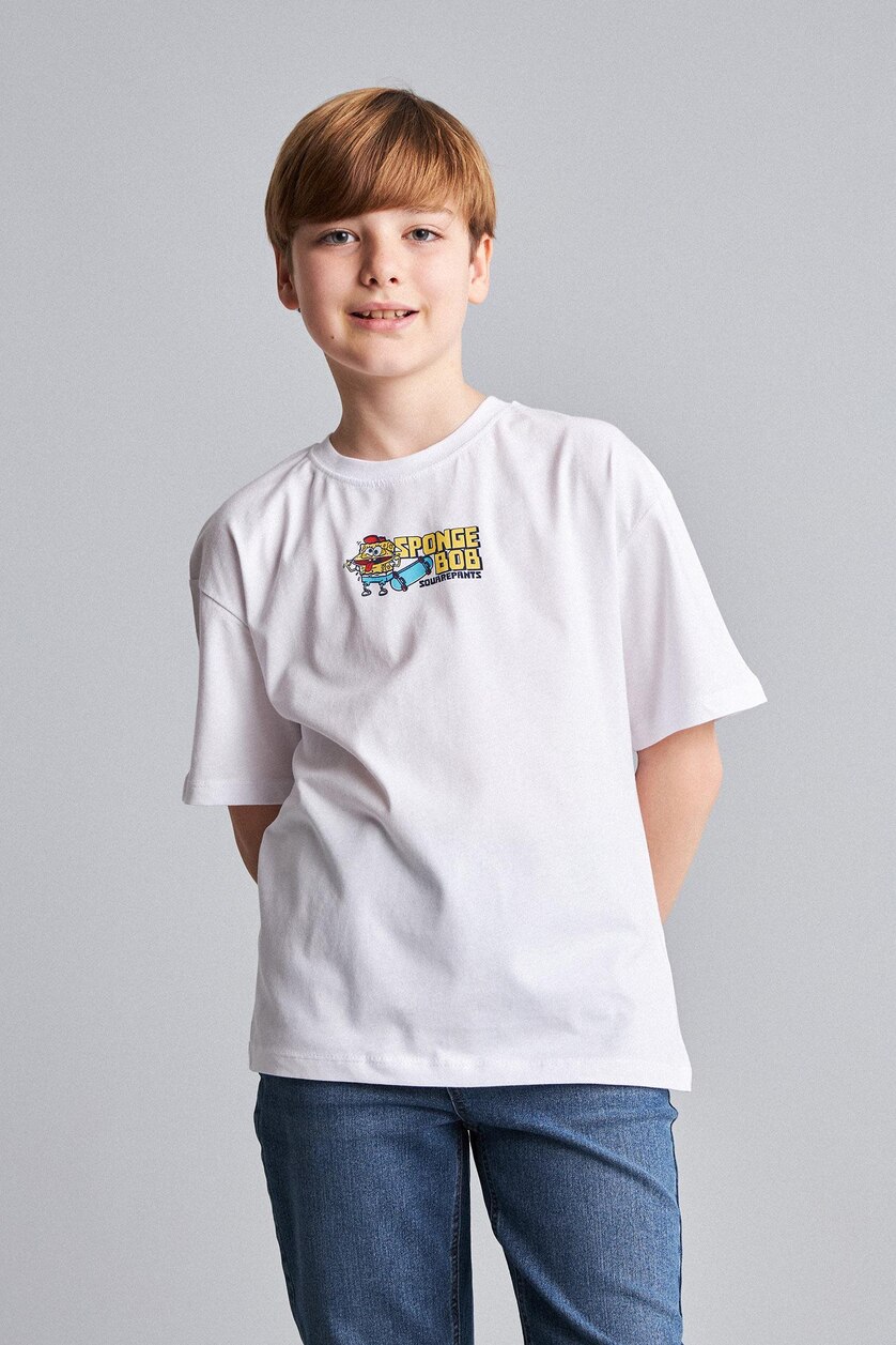 Erkek Çocuk - Genç Erkek Beyaz %100 Pamuk SpongeBob Kısa Kollu Tişört Erkek Çocuk