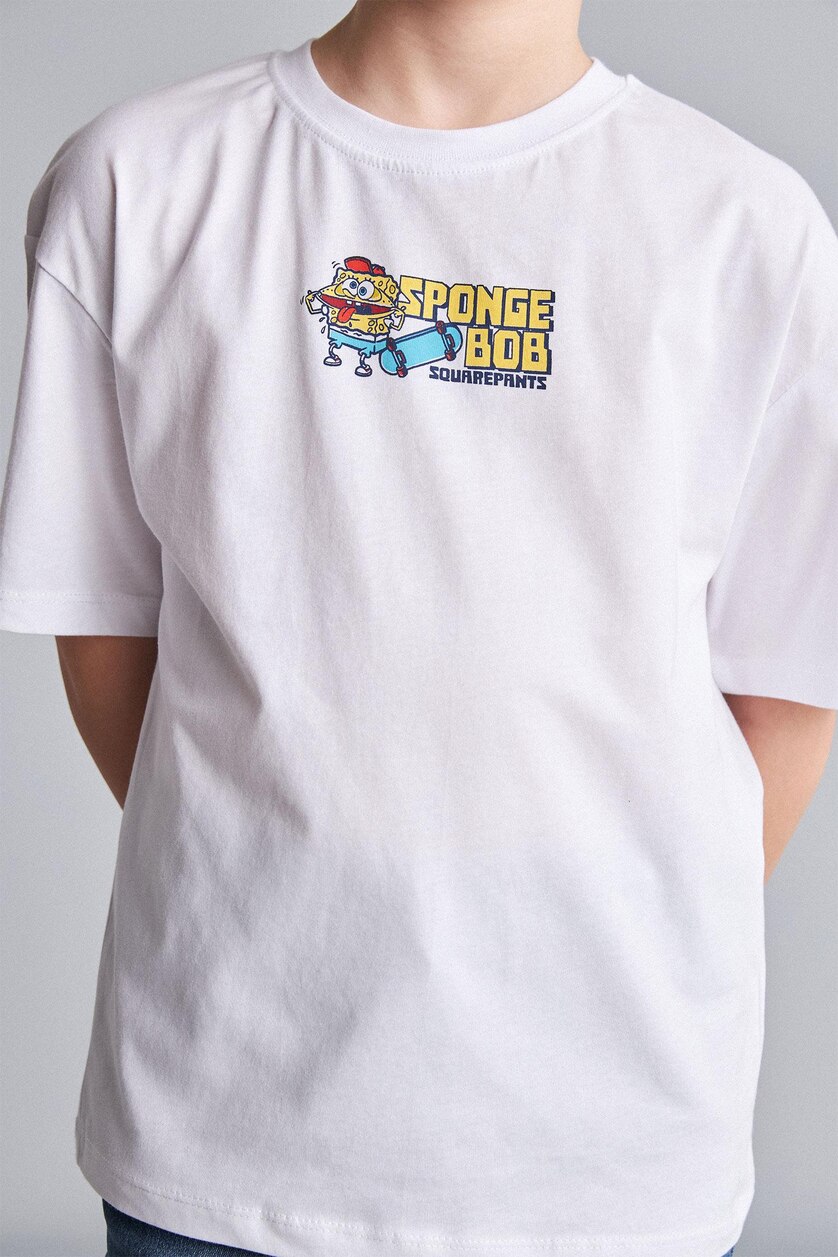 Erkek Çocuk - Genç Erkek Beyaz %100 Pamuk SpongeBob Kısa Kollu Tişört Erkek Çocuk
