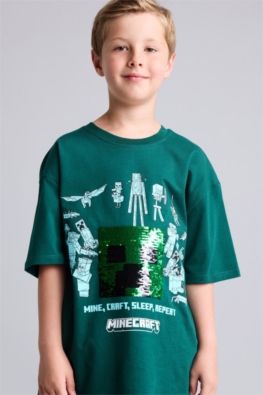 Young Boys - Teen Boys Green Oversize Fit Minecraft Licensed Short Sleeve T-Shirt
