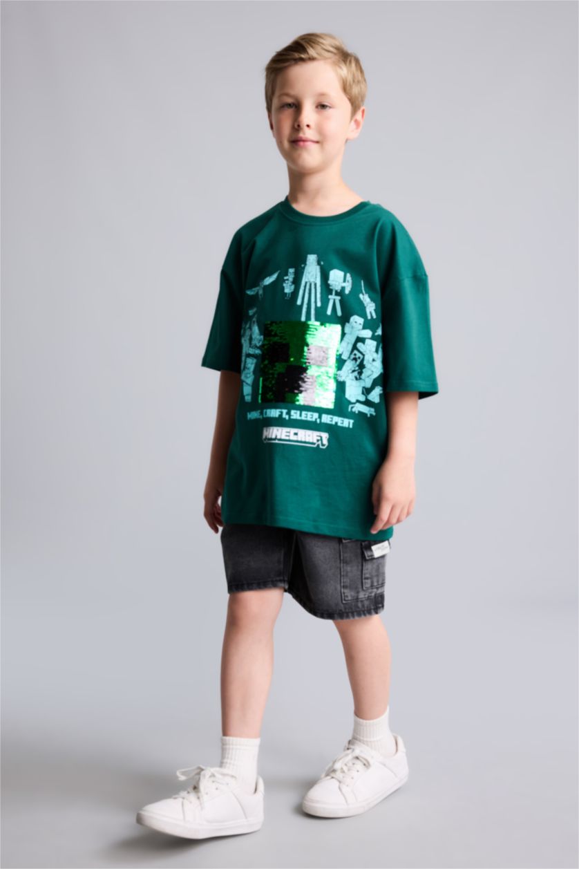 Young Boys - Teen Boys Green Oversize Fit Minecraft Licensed Short Sleeve T-Shirt