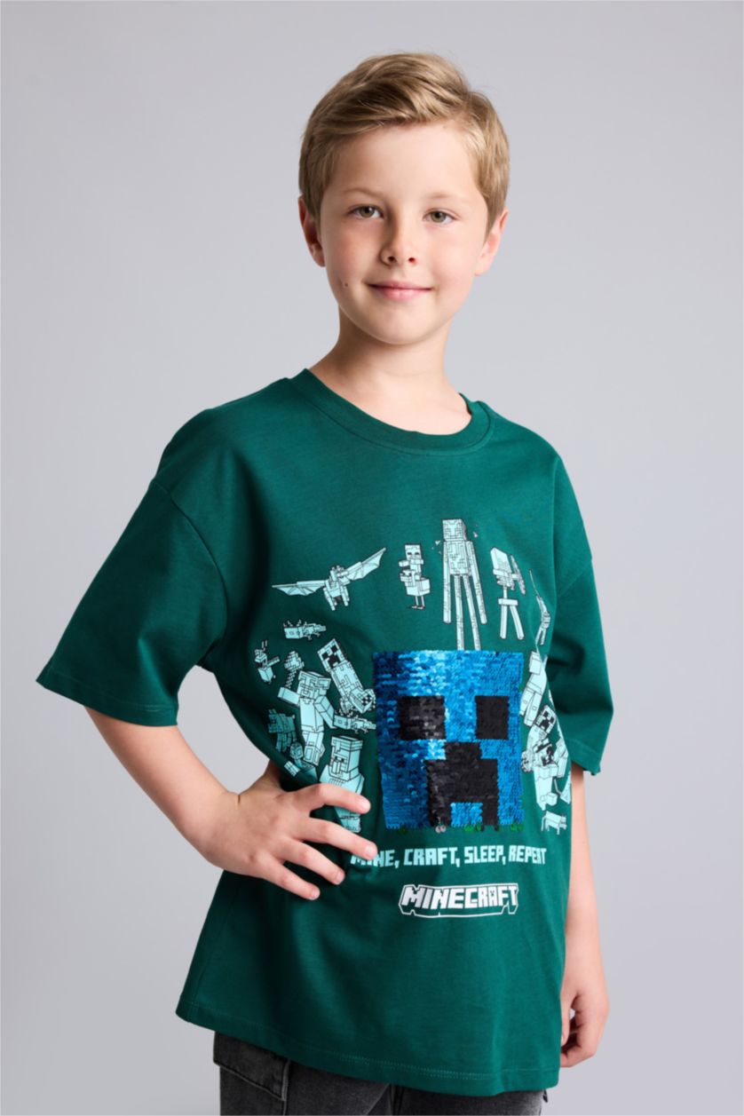 Young Boys - Teen Boys Green Oversize Fit Minecraft Licensed Short Sleeve T-Shirt