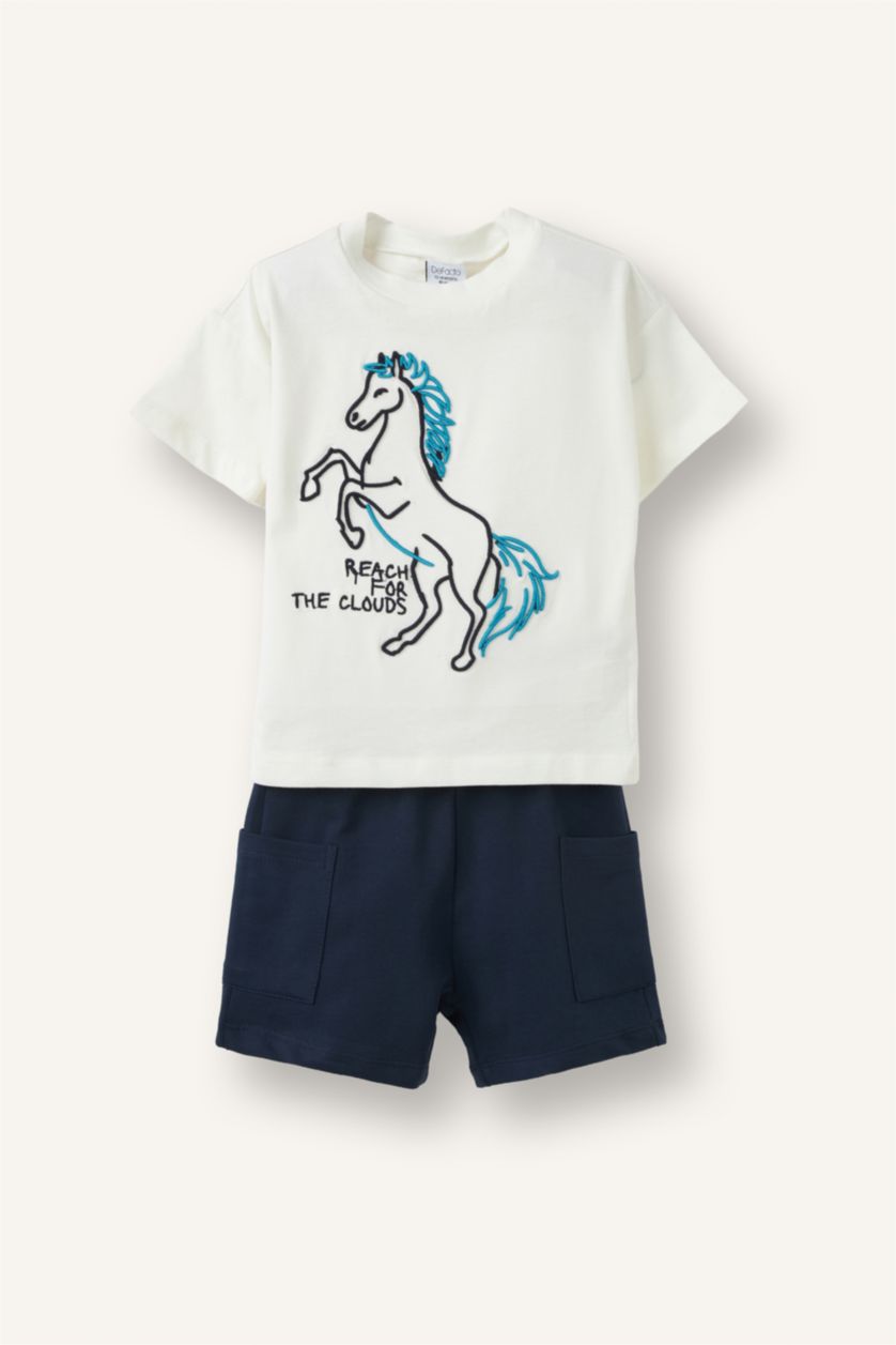 Baby Boys Ecru 2 piece Regular Fit Embroidered Set