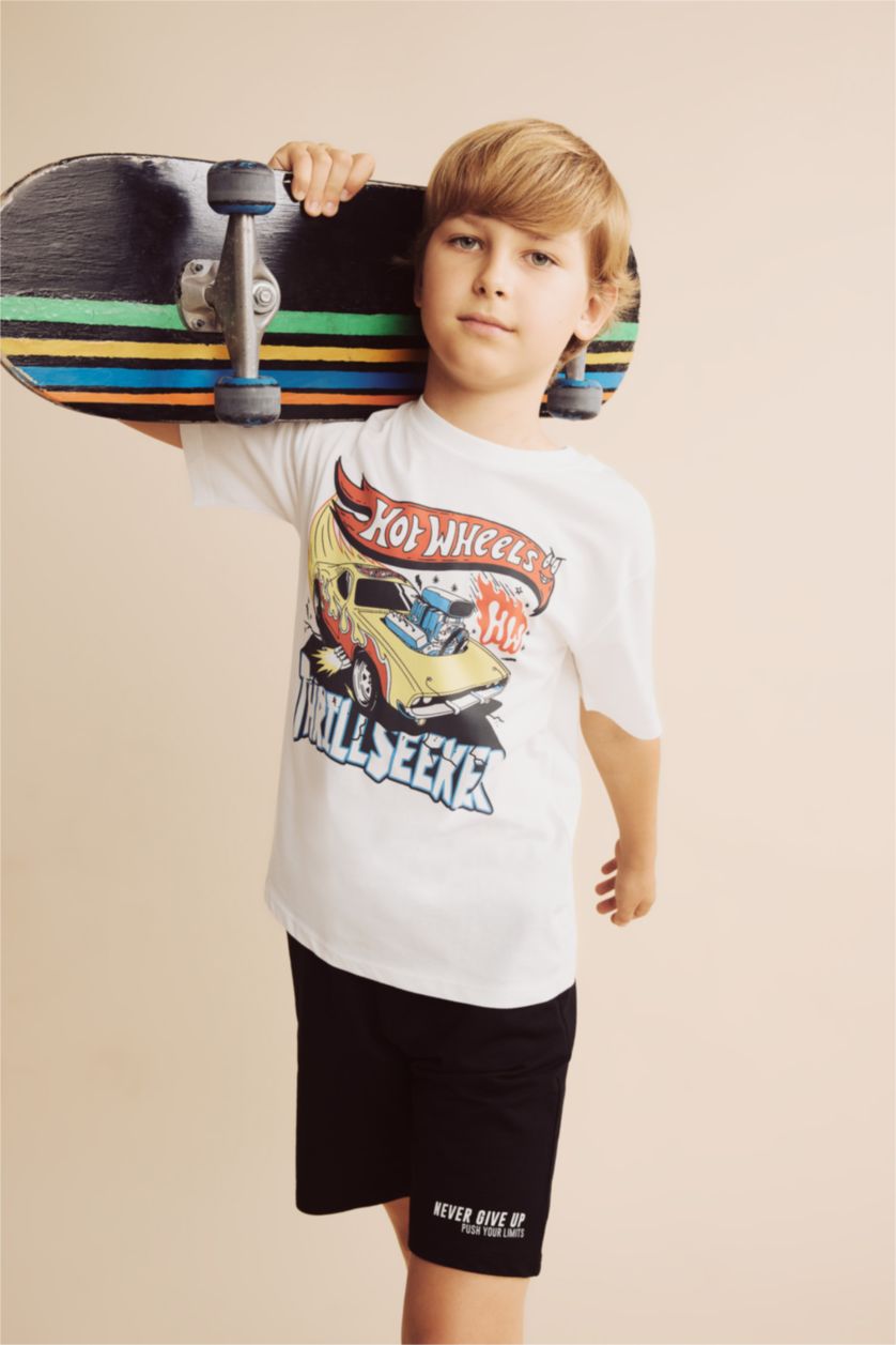 Erkek Çocuk - Genç Erkek Ekru %100 Pamuk Hot Wheels Oversize Tişört Erkek Çocuk