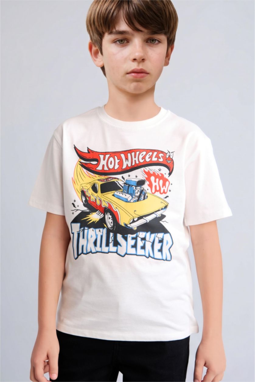 Erkek Çocuk - Genç Erkek Ekru %100 Pamuk Hot Wheels Oversize Tişört Erkek Çocuk