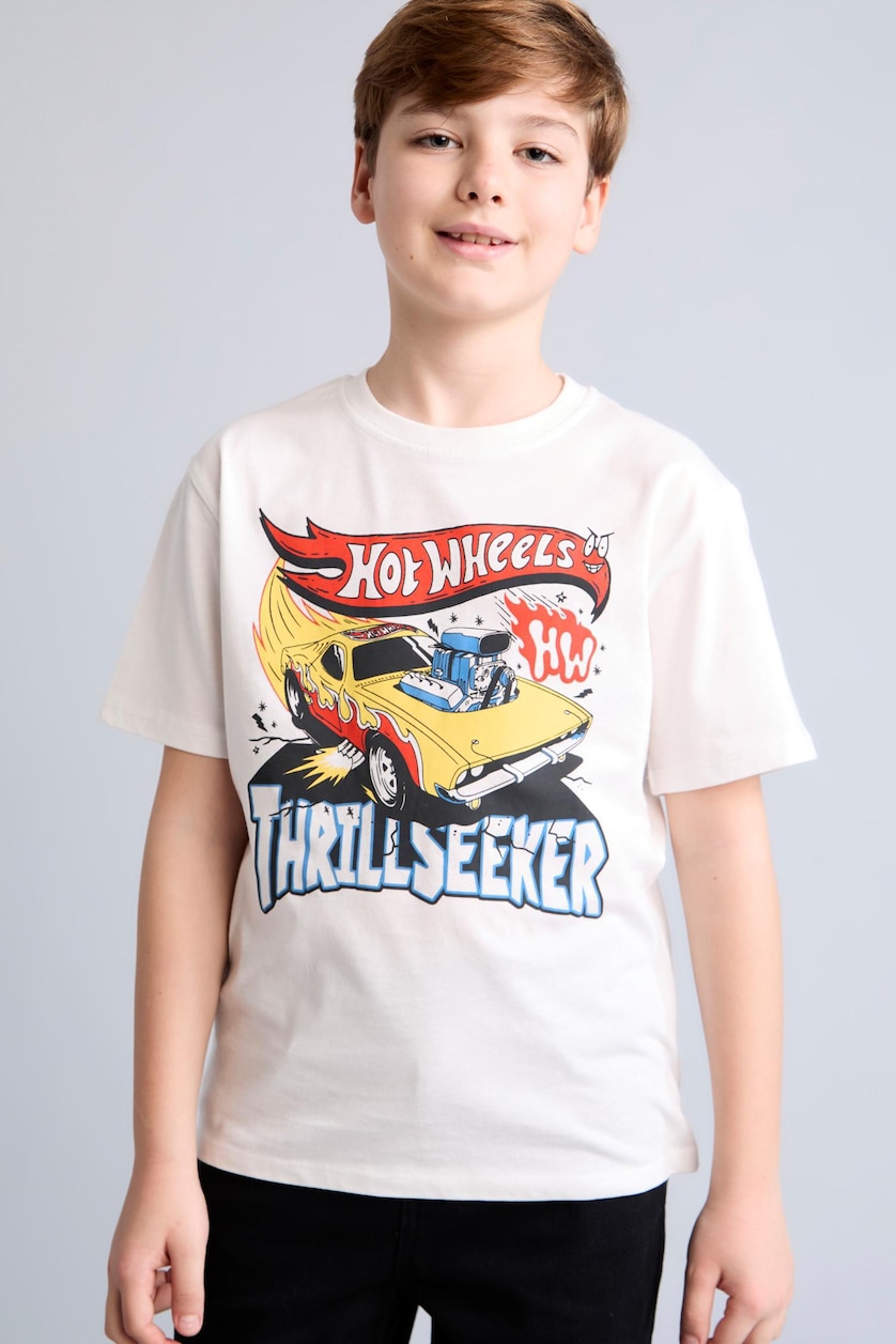 Young Boys - Teen Boys Ecru Boy 100% Cotton Hot Wheels Oversize Crew Neck T-Shirt