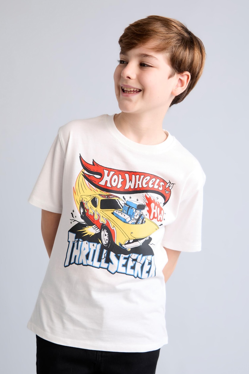 Young Boys - Teen Boys Ecru Boy 100% Cotton Hot Wheels Oversize Crew Neck T-Shirt