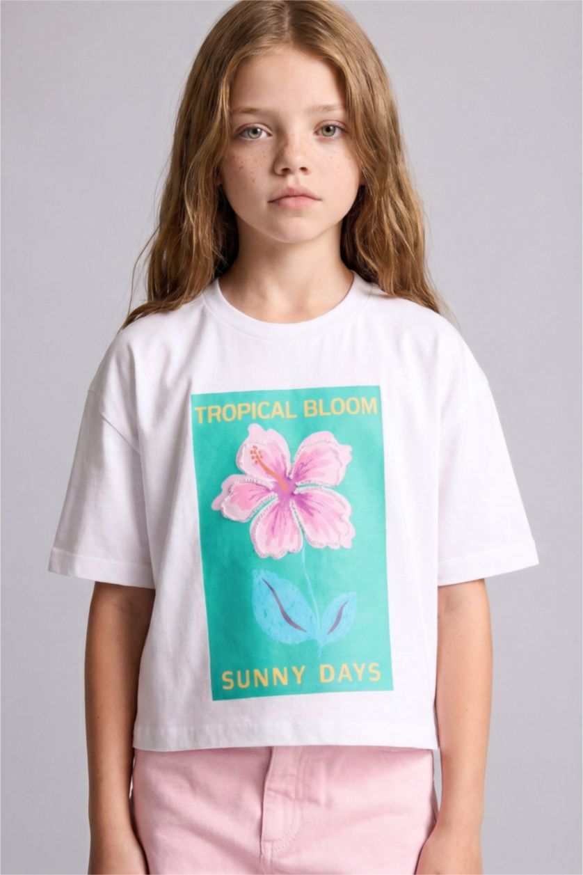GIRLS & TEENS White Girl Floral Print Short Sleeve White T-Shirt