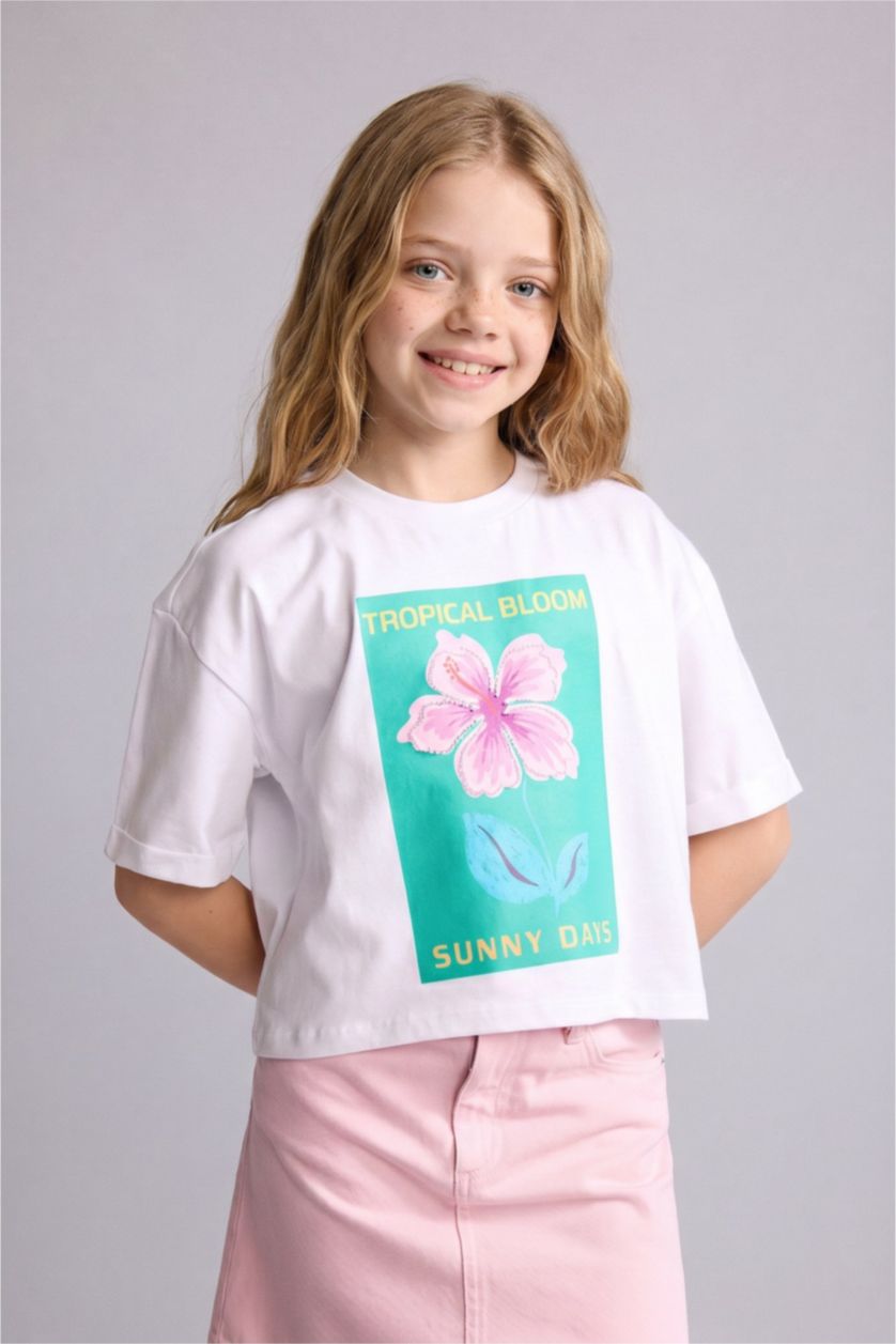 GIRLS & TEENS White Girl Floral Print Short Sleeve White T-Shirt