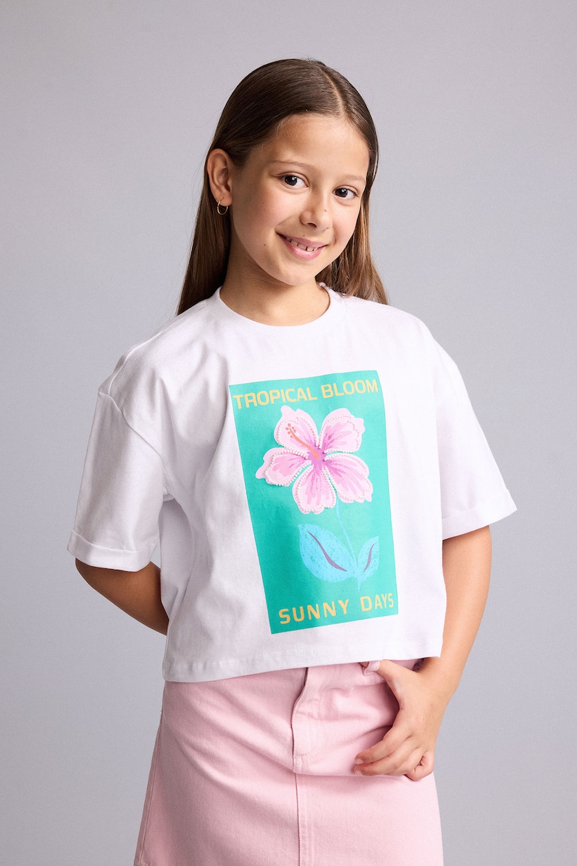 Young Girls - Teen Girls White Girl Floral Print Short Sleeve White T-Shirt