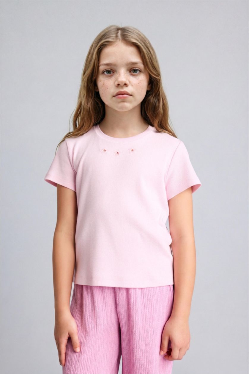GIRLS & TEENS Pink تيشيرت نص كم مضلع قصة عادية